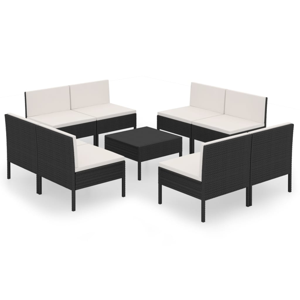 Salon de jardin meuble d'extérieur ensemble de mobilier 9 pièces avec coussins résine tressée noir