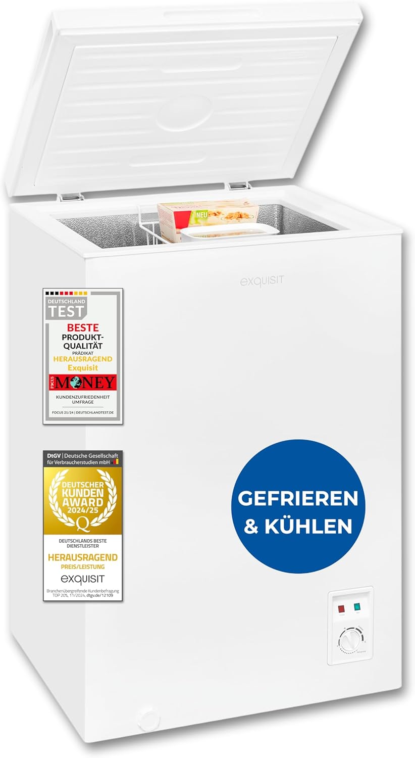 Exquisit Gefriertruhe, Kombigerät, 2-in-1, 99 Liter, Tiefkühltruhe, Kühlen, 4-Sterne-Gefrieren, Gefriertruhe klein, Toplader, Gefrierkorb, GT100-050E (Weiß)