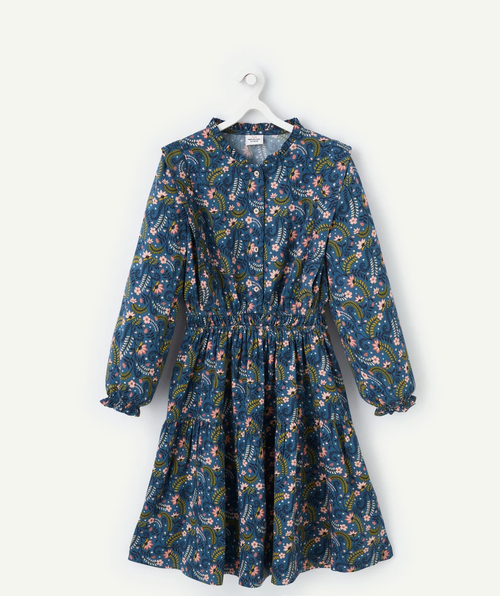 ROBE FILLE EN VISCOSE RESPONSABLE BLEU CANARD IMPRIMÉ FLEURI