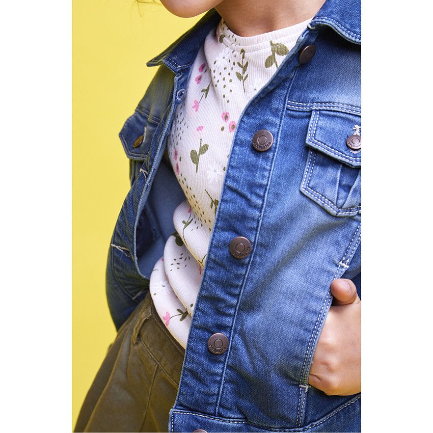 T-shirt manches courtes en jersey côtelé imprimé fleuri pour fille - Ecru