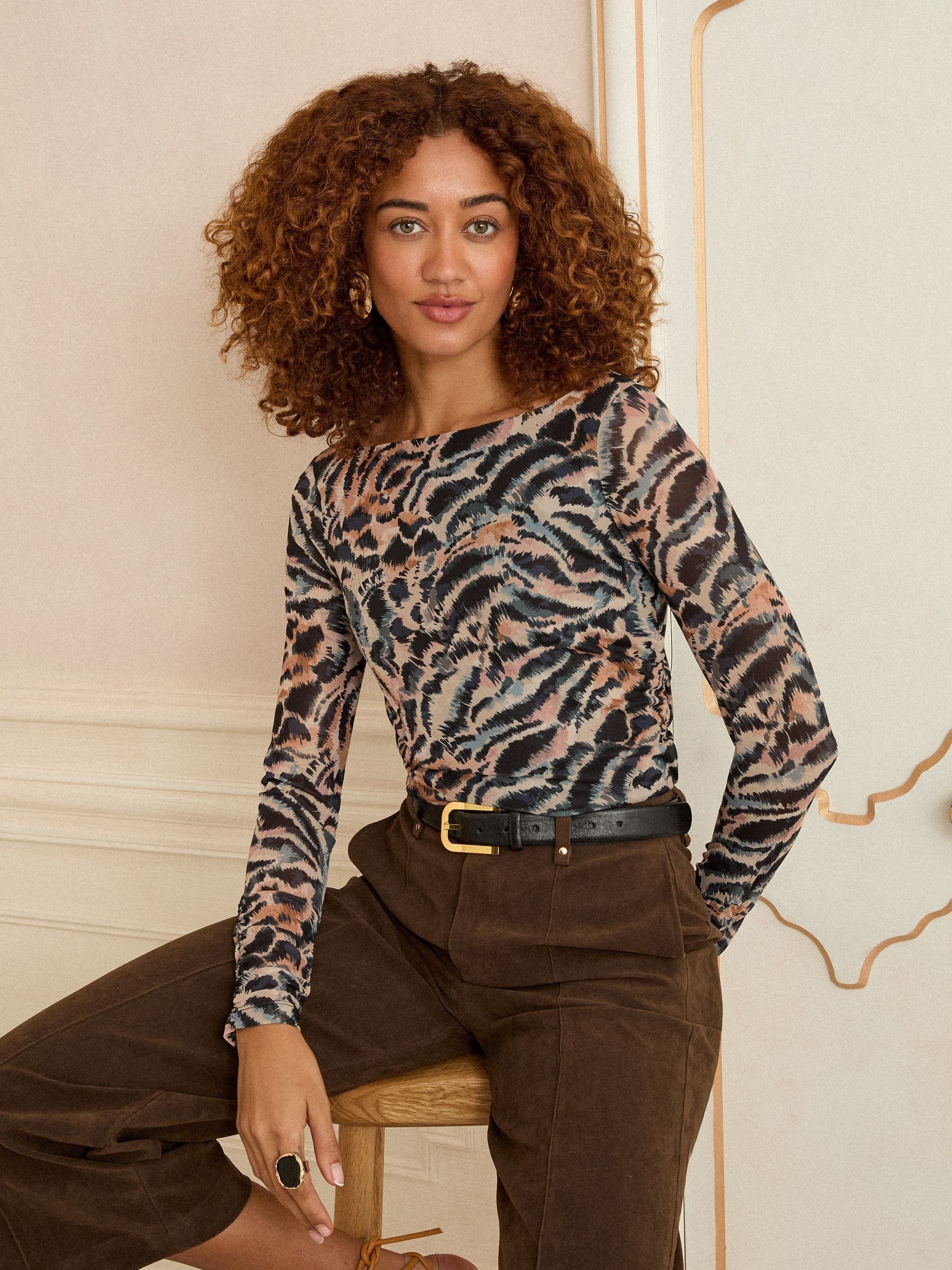 Brown Animal Slash Neck - Love & Roses Printed Long Sleeve Mesh Top