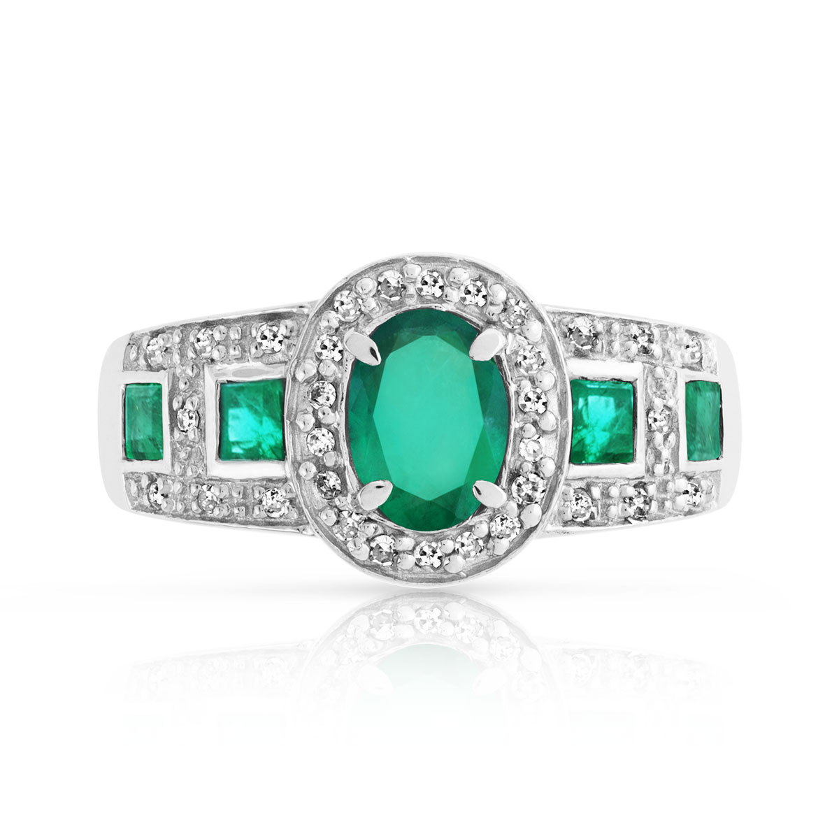 Bague or 750 blanc ovale émeraudes et diamants