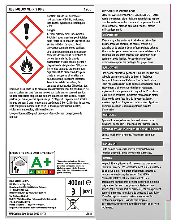 Vernis bois en bombe aérosol Rust-Oleum transparent brillant 400ml