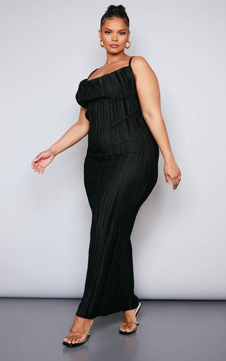 Noir Délavé Robe Longue Plissée Grande Taille À Col Bénitier Imprimée