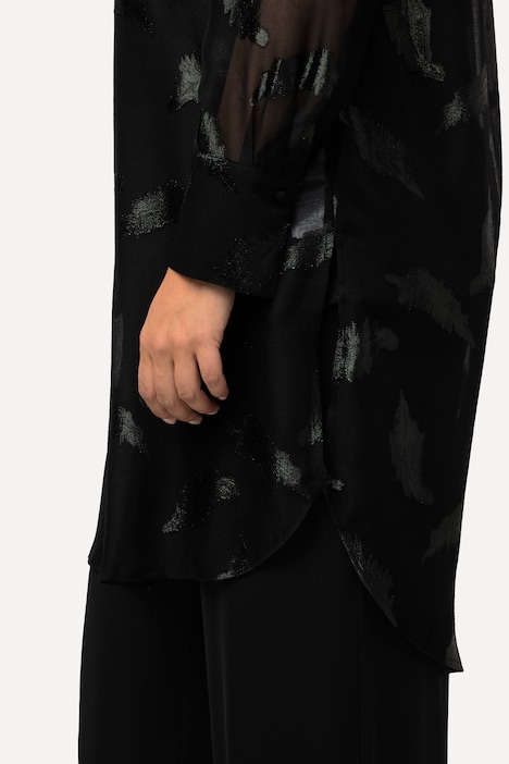 Longbluse, Chiffon, Metallic-Federn, Hemdkragen, Langarm
