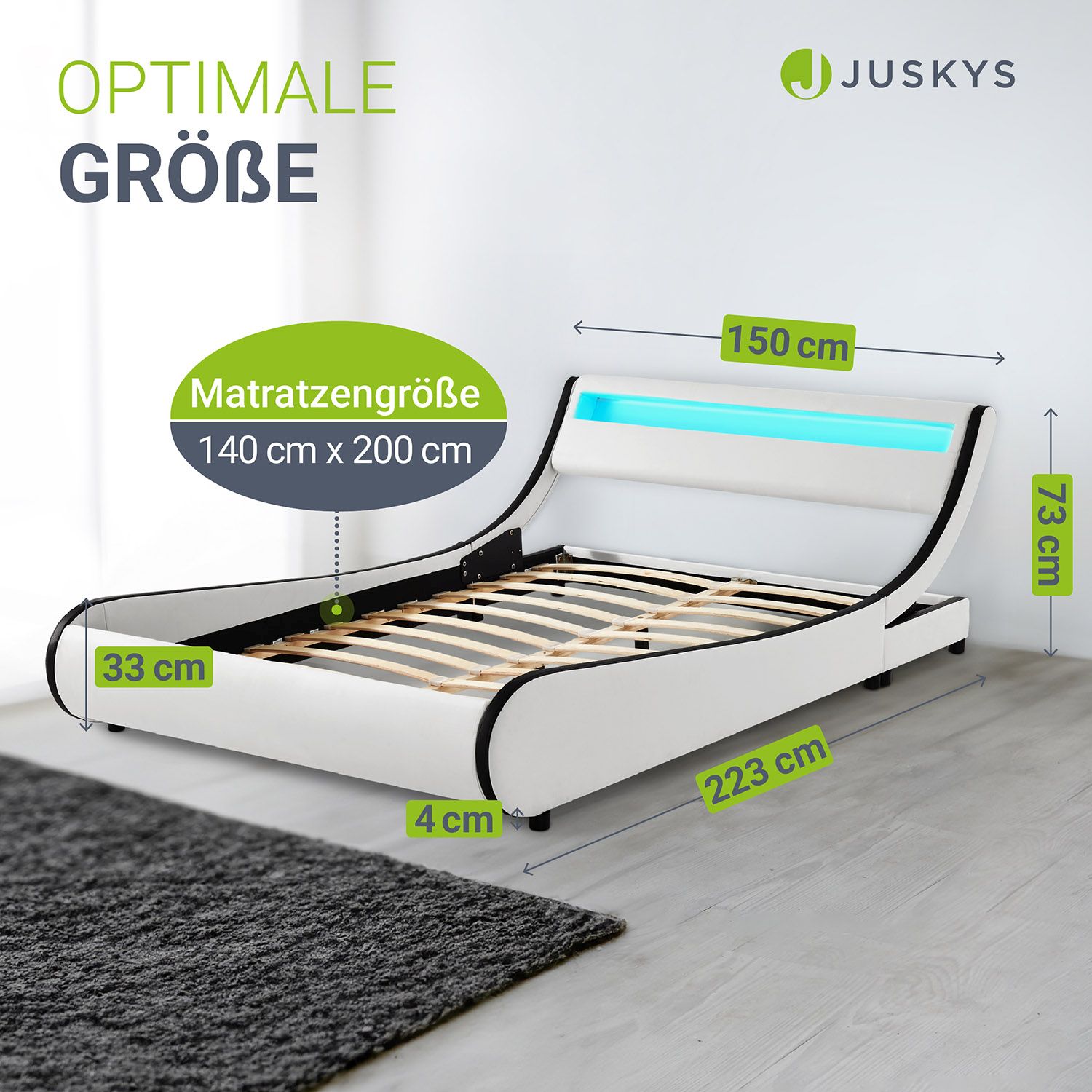 Juskys Polsterbett Valencia 140x200 cm - Bett mit Lattenrost & LED Beleuchtung – Jugendbett weiß