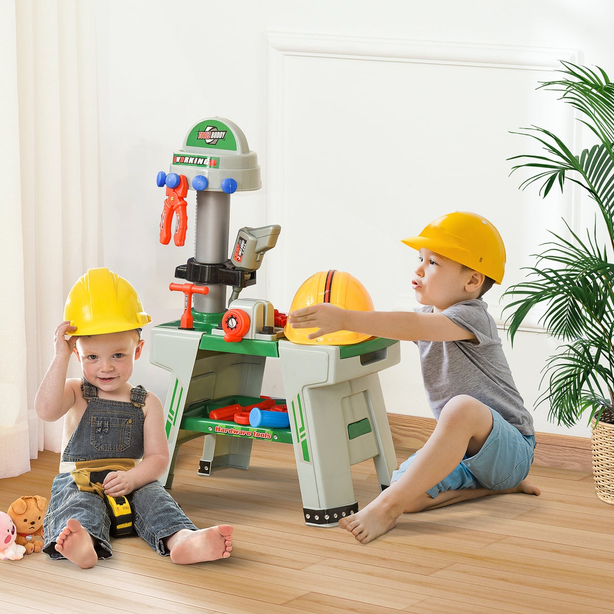 HOMCOM Kinderwerkbank met gereedschap, 44L x 26B x 71H cm, PP-kunststof, groen