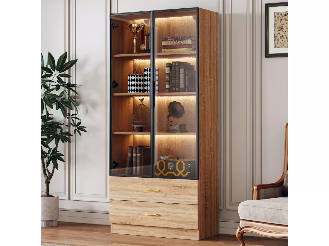 Vitrine, buffet haut avec 2 tiroirs et 2 portes en verre - 75 X 34.5 X 170 cm - Bois MDF - Marron