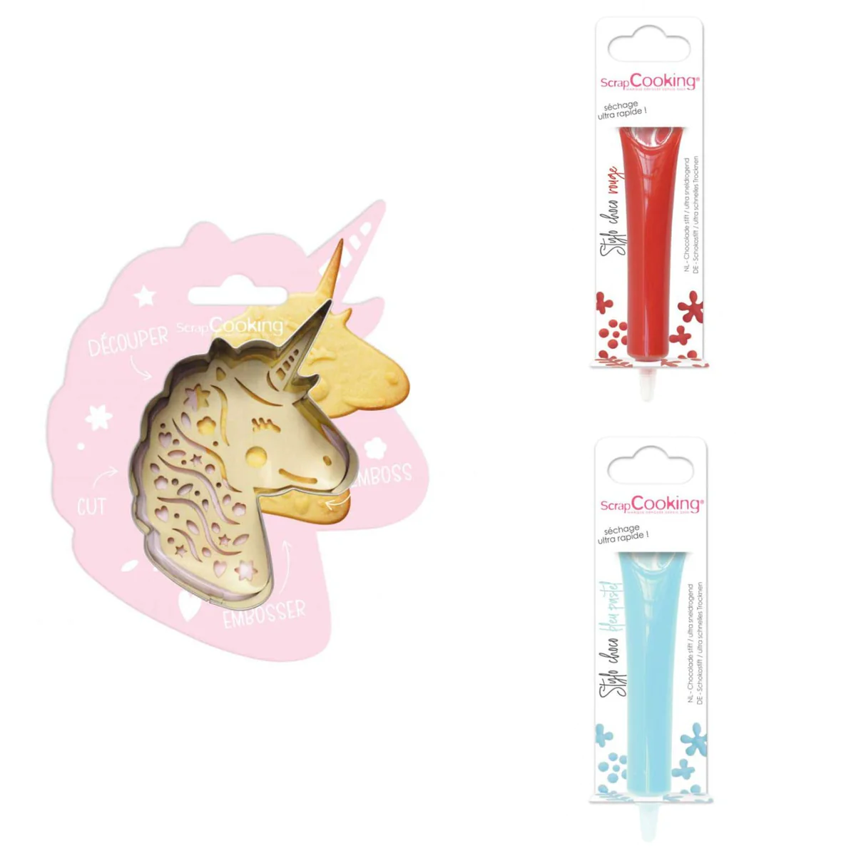 Kit pour biscuit en relief Licorne + 2 Stylos au chocolat rouge et ble