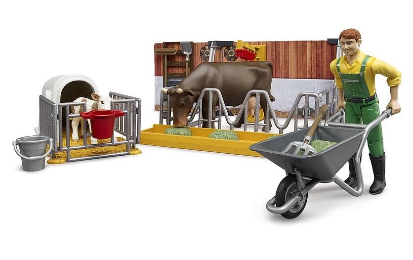 Kuh- und Kälberstall mit LandwirtBauernhof-Spielset mit beweglichen Figuren, Tieren und Zubehör