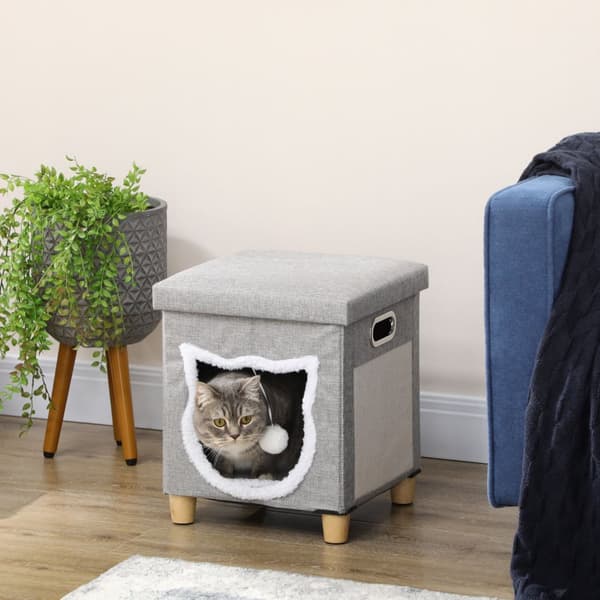Cat Cave Ottoman Med Pute Og Skrapematte Lekeball Anti-Skli Grå Polyester For Katter