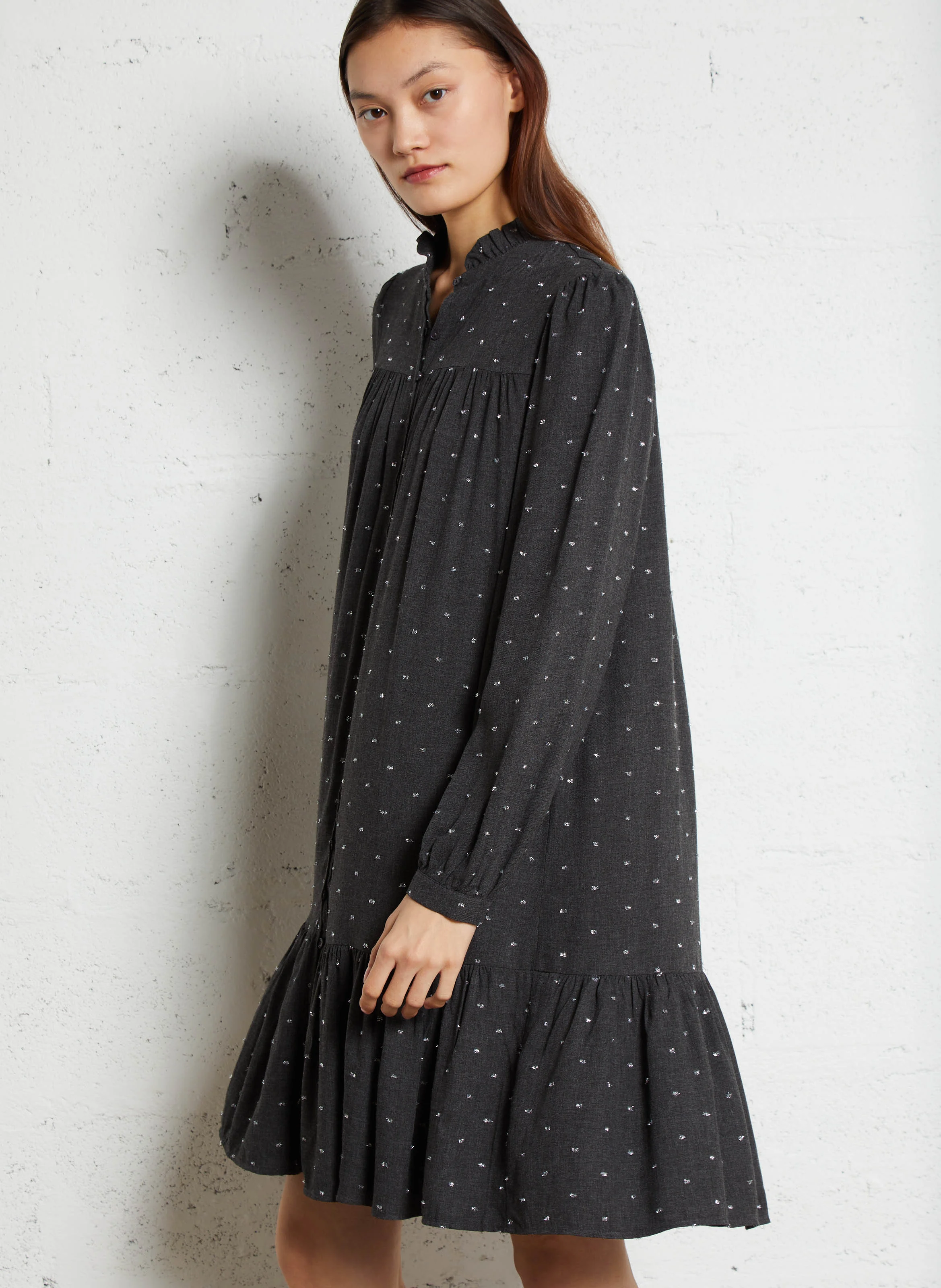 ROLYN - Robe courte boutonnée à manches longues | Gris