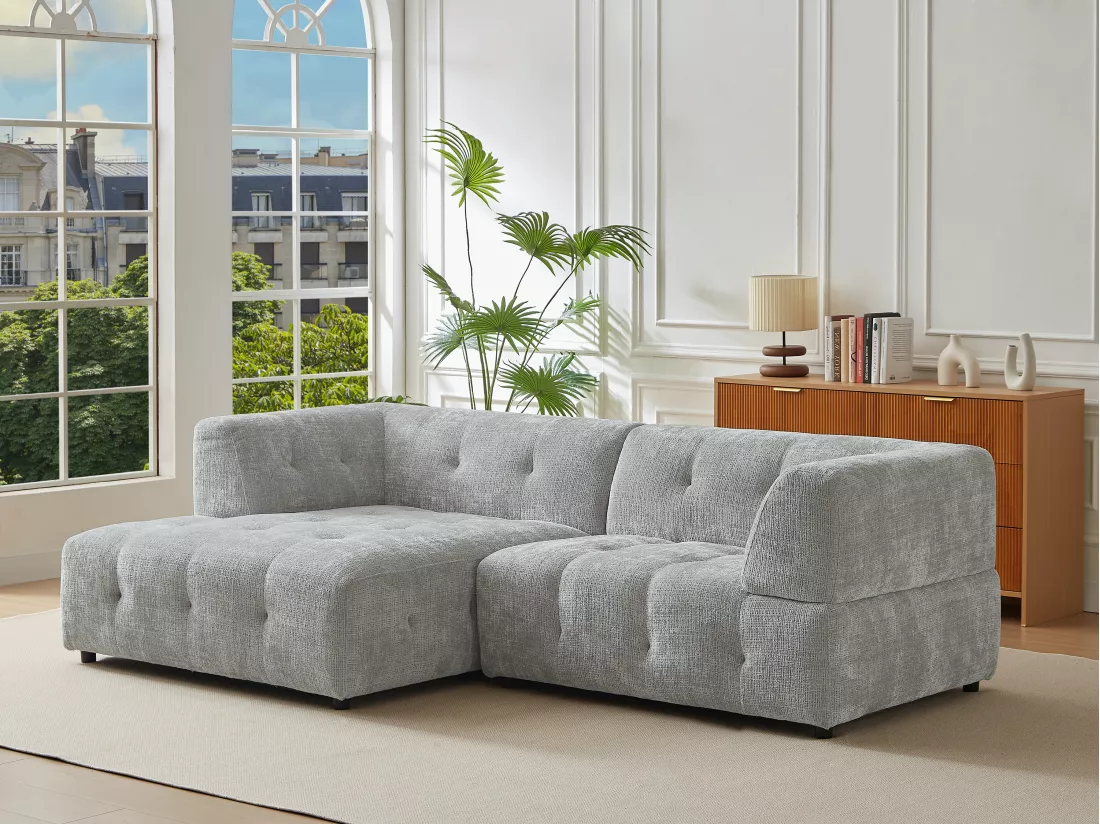 Canapé d'angle gauche en tissu texturé gris NOSAVO
