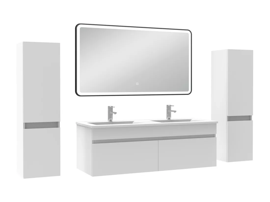 Meuble double vasque blanc 120cm avec colonne + miroir 3 couleurs + dimmable