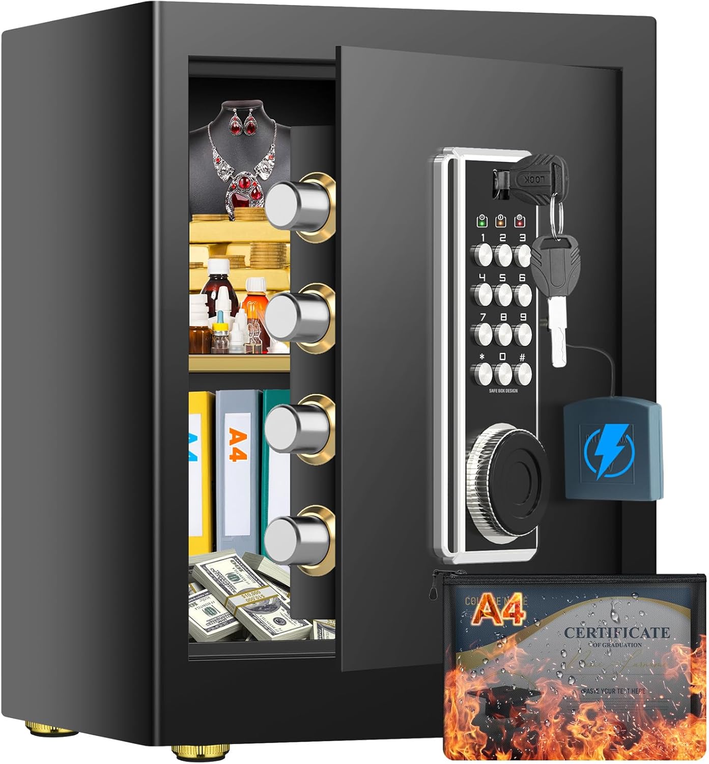 45L Großer Feuerfester Tresor Safe mit Feuersichere Dokumententasche, Digitaler Möbeltresore mit 2 Schlüssel & Herausnehmbarem Regal, Elektronischer Tresor für DIN A4 Ordner Bargeld Medikamente
