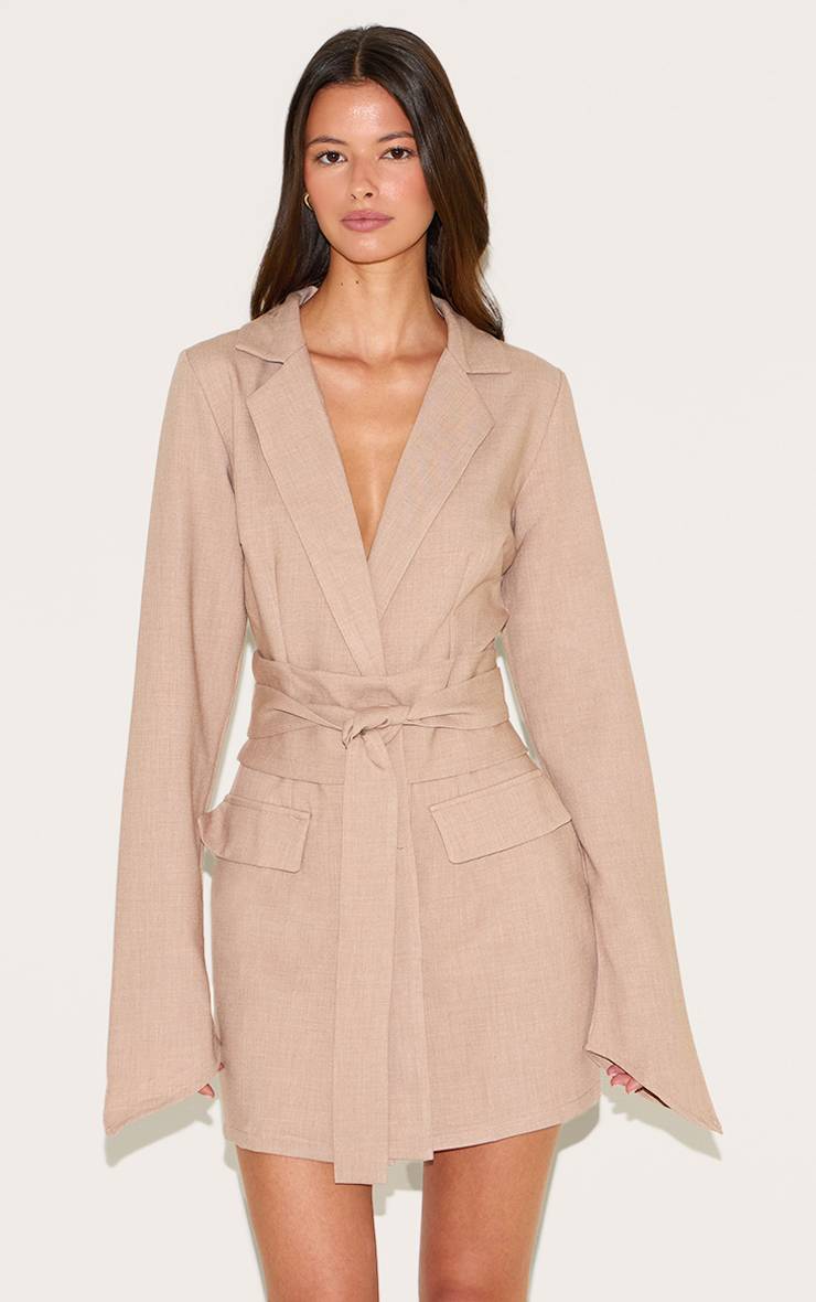 Gris Argile Robe Blazer Ceinturée En Tissu Tissé