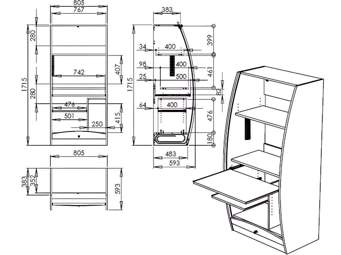 Armoire Informatique Galbée 6 Niches Serrure L 80.5 H 171.5 P 59.3 cm - Coloris: Blanc