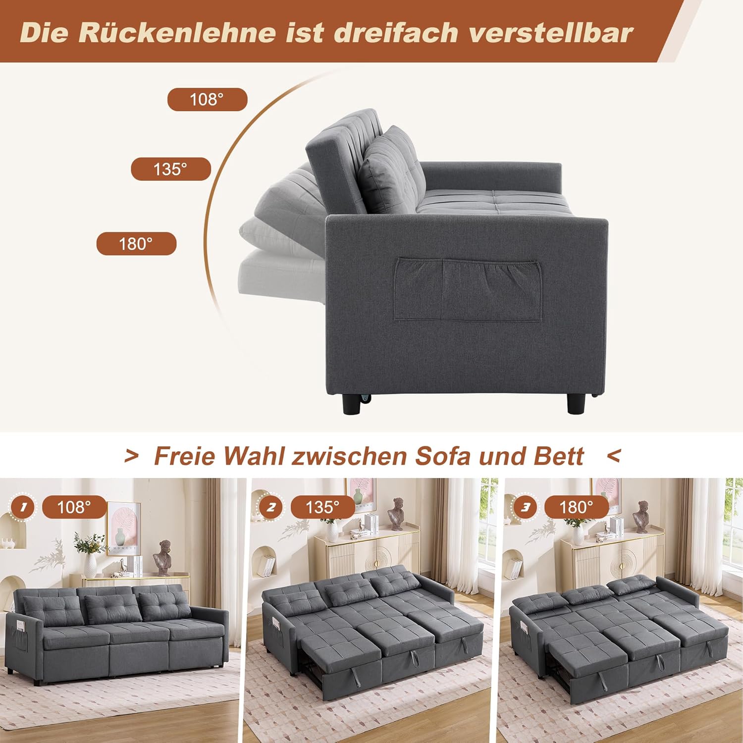 Schlafsofa 3 Sitzer Ausziehbar, 7-in-1 Ecksofa L-Form mit Bettkasten, Funktionssofa mit Rollen & Verstellbarer Rückenlehne, Gästebett Grau 215×180cm