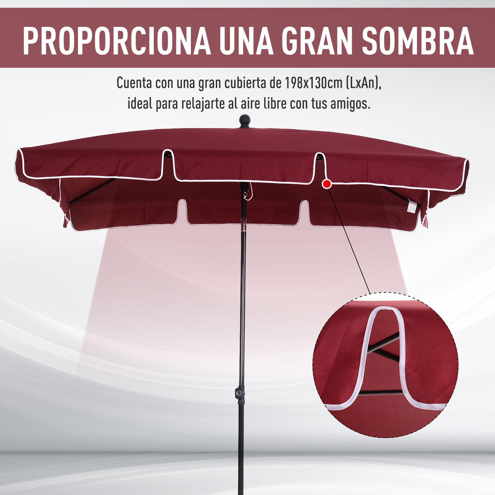 Guarda-sol de jardim retangular Outsunny em alumínio, 198x130x245 cm, com função de inclinação, ideal para terraços, pátios e áreas externas, na cor vermelho vinho.