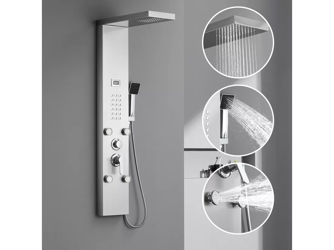 AURALUM MAX Colonne de Douche Hydromassante avec LCD Écran Affichage Temprérature Panneau de Douche Multifonction en Acier Inox avec 4 Jets de Massage