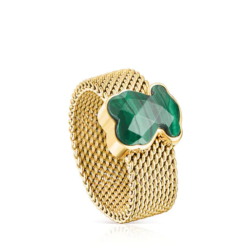 Anel em aço com revestimento em ouro e detalhe de urso em malaquita facetada. Cor: Mesh.