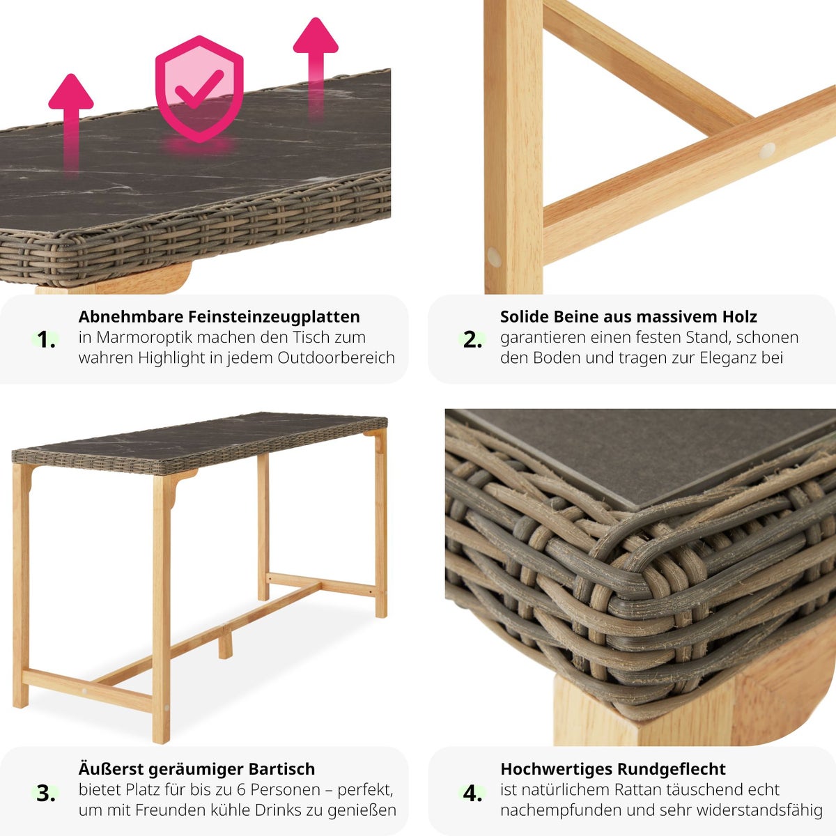 Rotan tafel tectake Lovas met aluminium en houten frame 161 x 64,5 x 99,5 cm