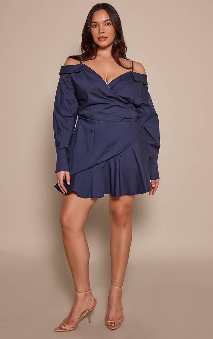 Bleu Marine Robe Chemise Asymétrique Grande Taille À Épaules Dénudées