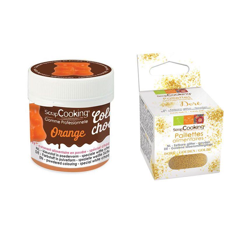 Colorant alimentaire liposoluble orange + paillettes dorées Scrapcooki