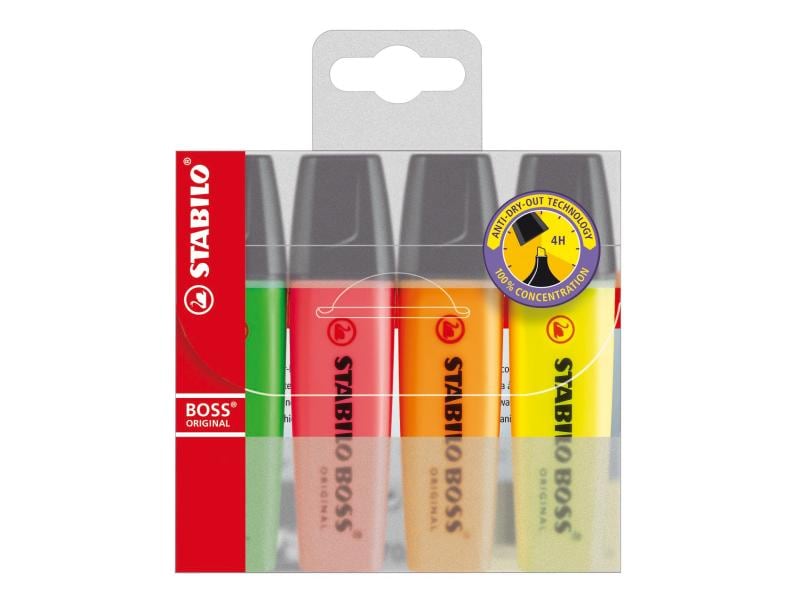 STABILO Textmarker Boss Original 4 Stück, 4 Farben Textmarker, 4er Etui