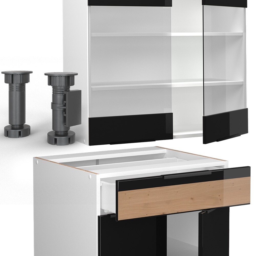Vicco Küchenzeile Küchenblock Einbauküche Fame-Line Weiß Schwarz Eiche 140 cm modern Hochglanz Küchenschränke Küchenmöbel