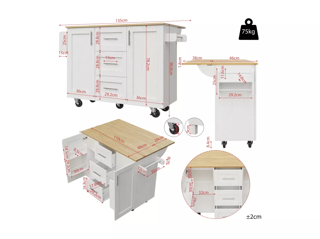 Ilot central de cuisine mobile avec 2 portes, 3 tiroirs et porte-serviettes - Plateau extensible - 134.5 x 46/74 x 90.8 cm - MDF - Blanc