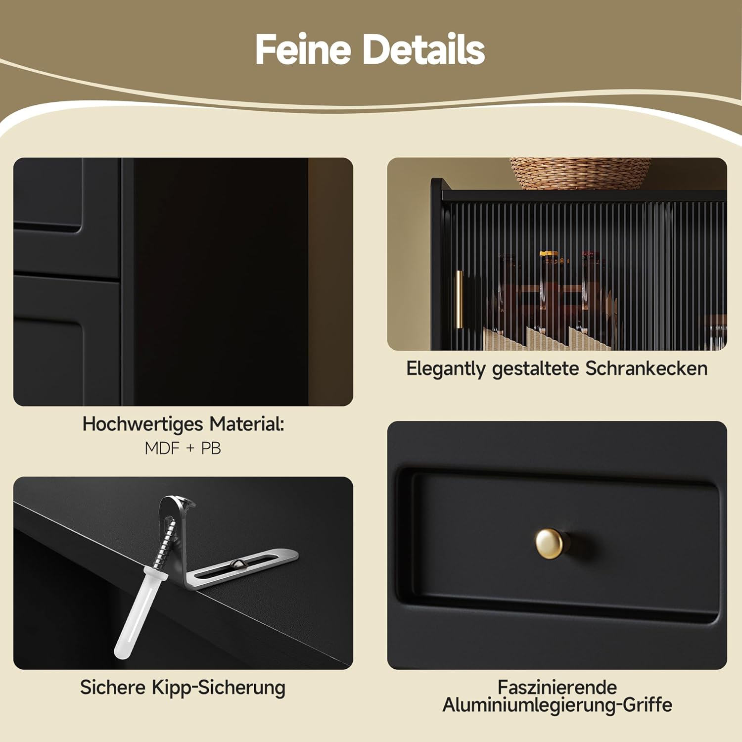 Küchenschrank, Hochschrank, Vitrinenschrank, Buffetschrank mit Verstellbaren Ablagen, Esszimmerschrank, Sideboard mit LED-Beleuchtung, Schwarz