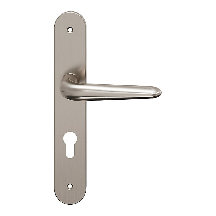 Ensemble poignée sur plaque Droit cylindre GoodHome Mehaban effet nickel satin gris L.120mm x l.40mm entraxe 195mm