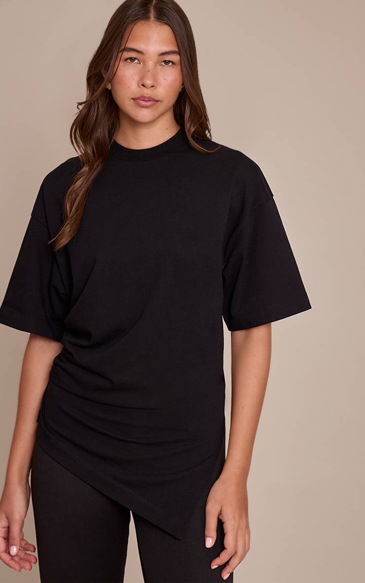 Noir T-shirt Oversize En Coton Avec Détail Froncé Sur Les Côtés