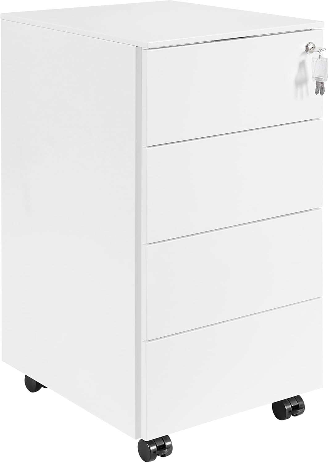 Rollcontainer mit Schubladen, Mobiler Aktenschrank unter Schreibtisch, Abschließbarer Büroschrank, Druckertisch, 4 Schubladen 4 Schlüssel, Vormontiert, Büro, Homeoffice, Weiß