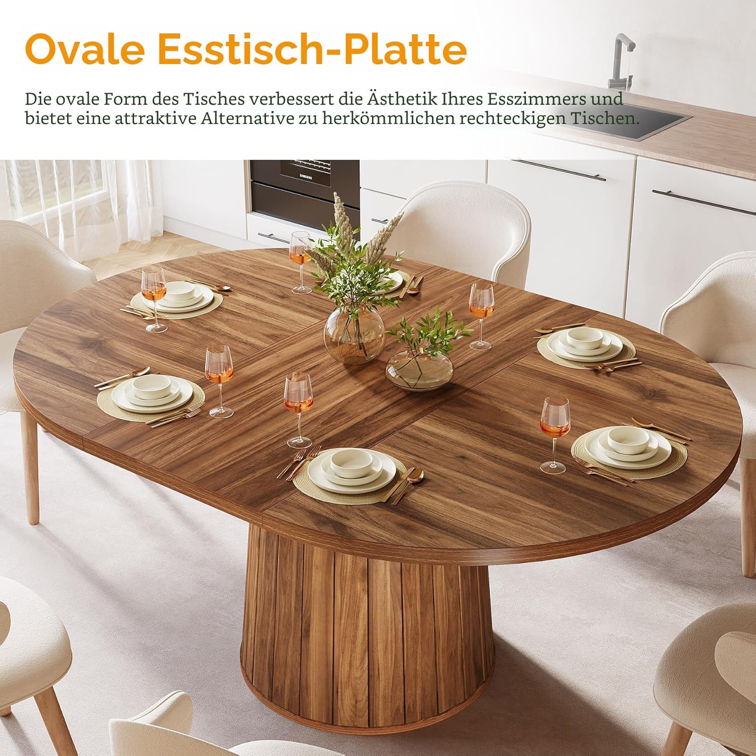 Tribesigns Ovaler Esstisch für 6 Personen, 55,11 Zoll Bauernhaus-Holz-Esstisch, rustikaler Küchentisch mit Holztischplatte und zylindrischem Sockel für Esszimmer (Braun) FD9658699
