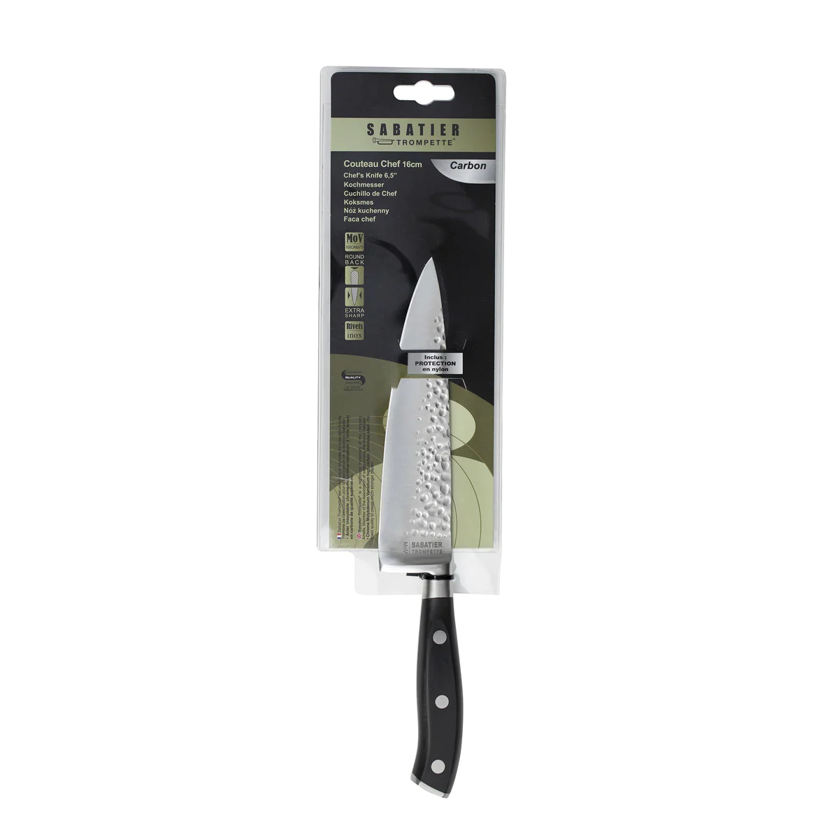 Carbon - Couteau de chef 16 cm martelé avec protection de lame Sabatie