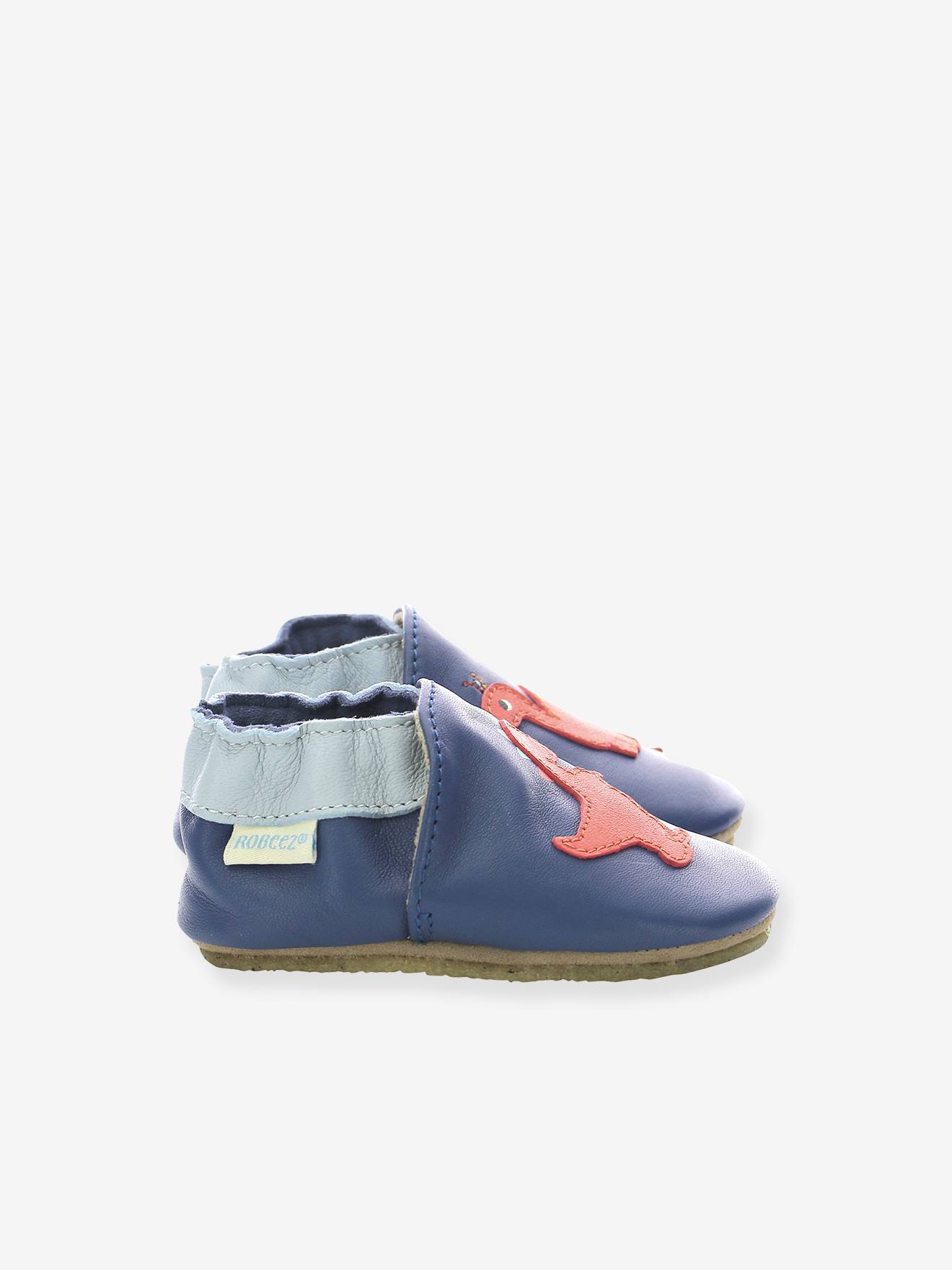 Pantufas de bebê ROBEEZ© Dino Time em couro leve, azul escuro liso com estampas.