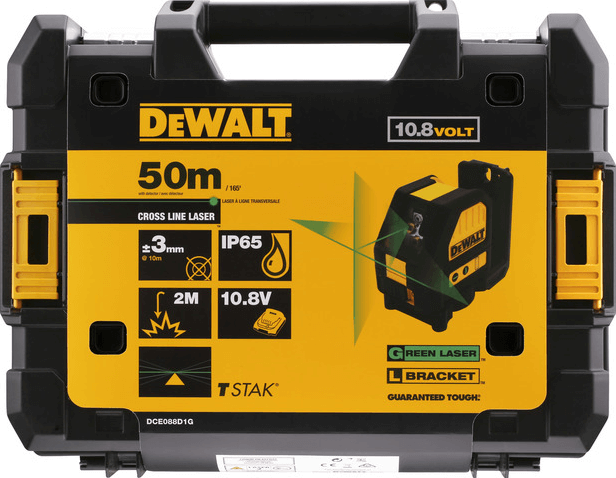 DeWalt DCE088D1G 10.8V Li-Ion accu zelfnivellerende kruislijnlaser set (1x 2.0Ah accu) in koffer - 2 lijnen - 30m - groen - DCE088D1G