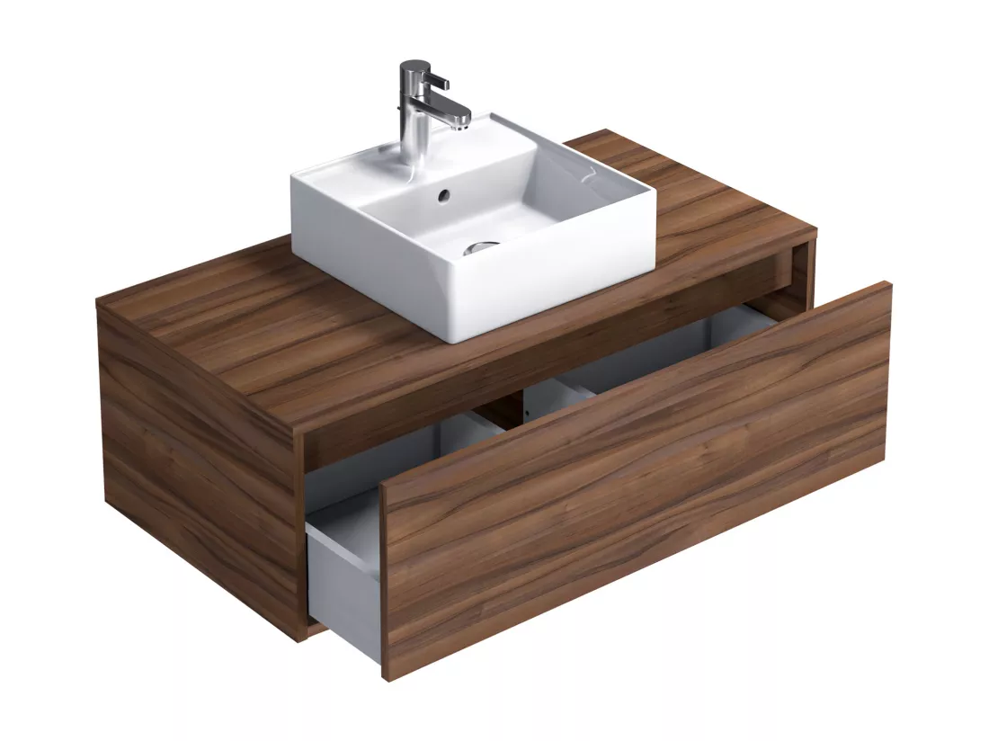 Meuble de salle de bain suspendu coloris naturel foncé avec simple vasque carrée - 94 cm - TEANA II