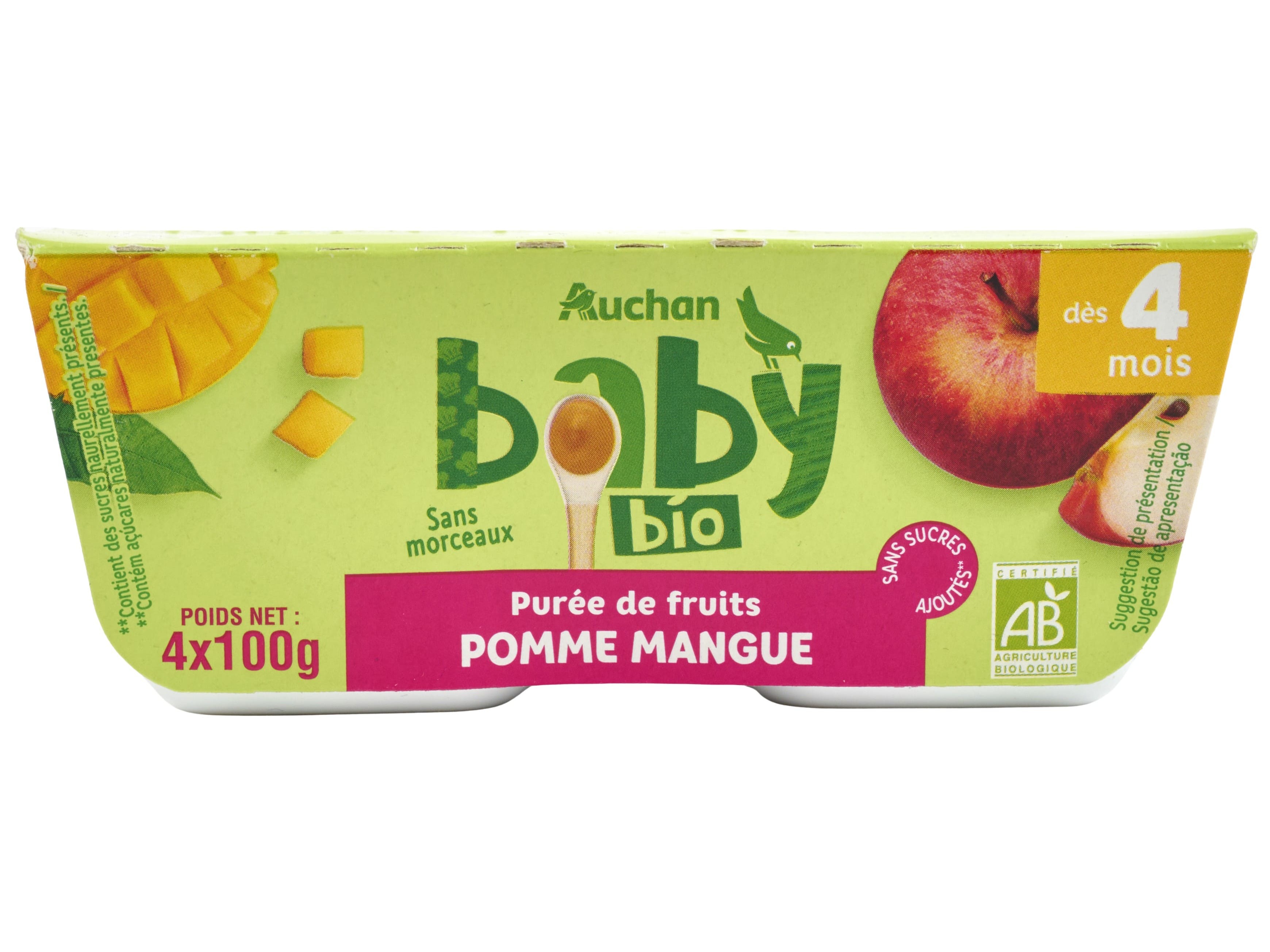 TACINHA FRUTA AUCHAN BABY BIO MAÇÃ E MANGA SEM GLÚTEN 4X100G