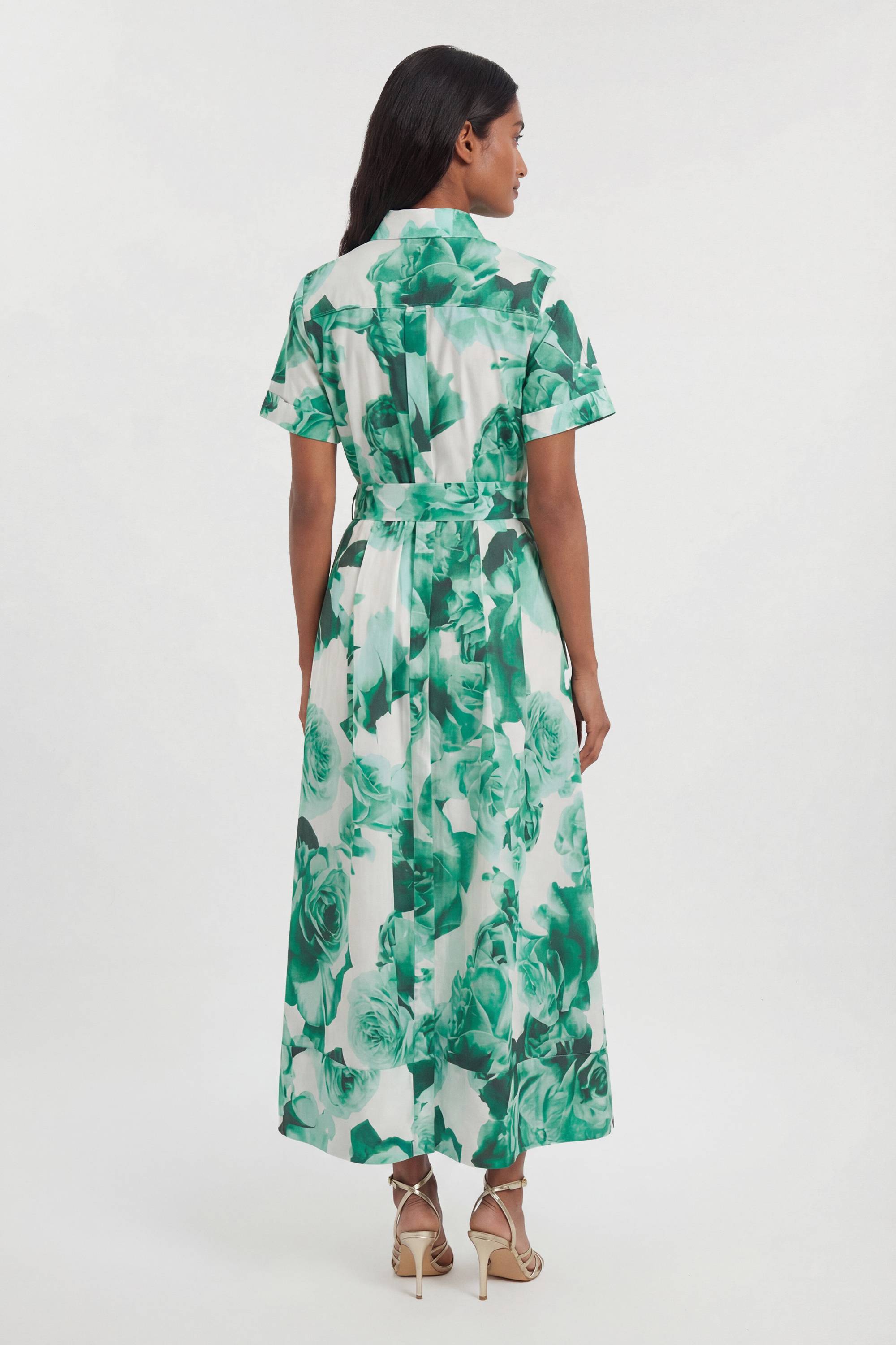 KarenMillen Robe Chemise Longue Ceinturée À Imprimé Floral Roses En Satin De Coton Tissé Petite Taille