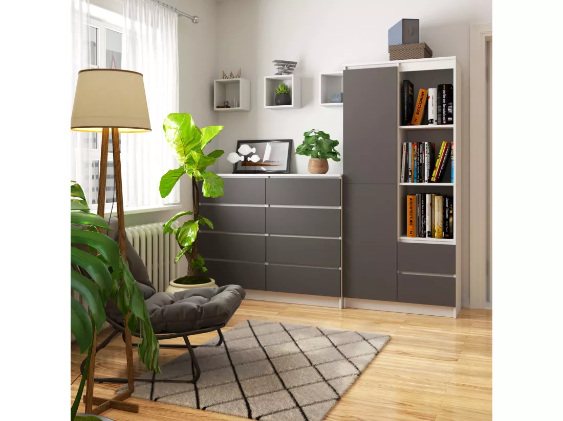 Bibliothèque de bureau AKORD R11 Blanche 80 cm 1 porte 2 tiroirs façade Gris Graphite mat 7 étagères 80x35x180 cm