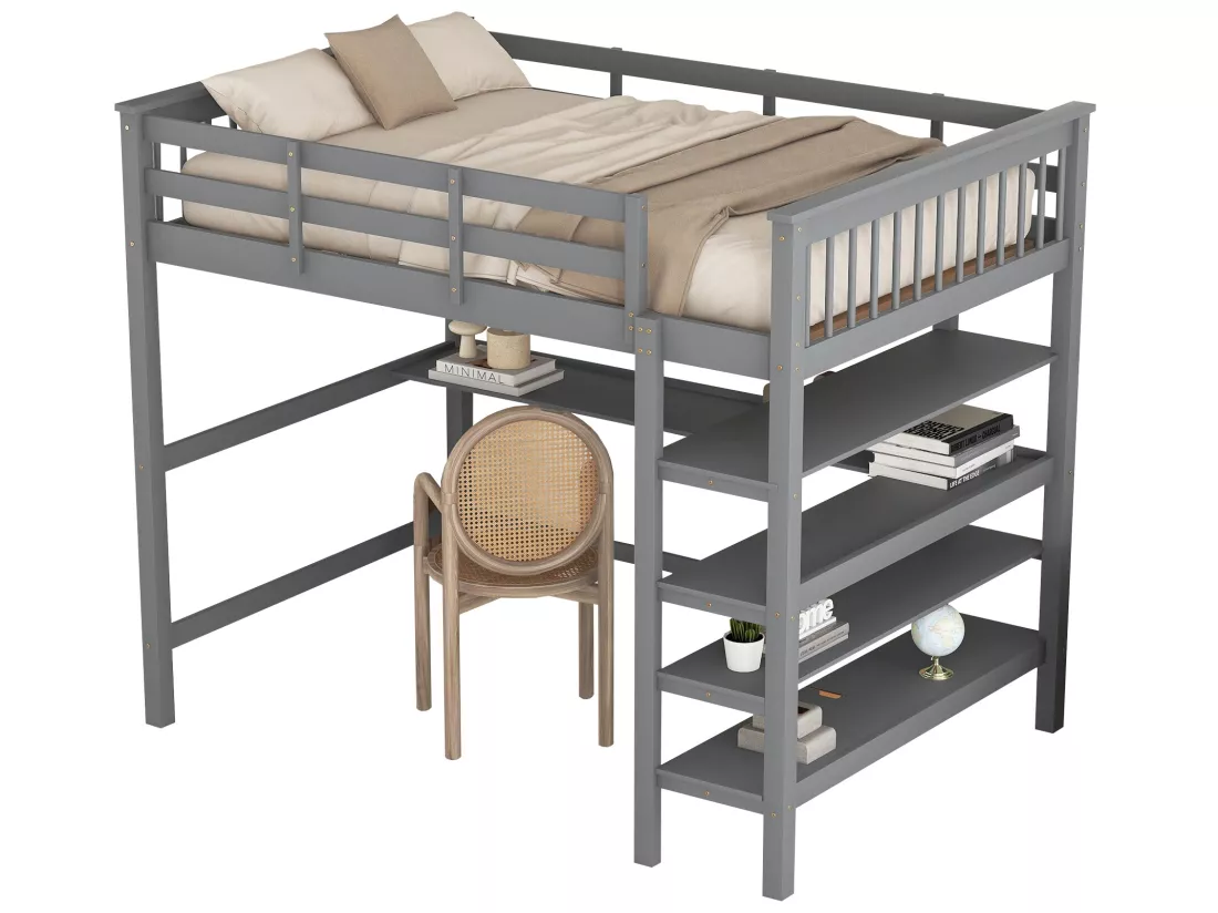 Lit mezzanine 140 x 200 cm - bureau + étagères de rangement - pin et MDF - gris