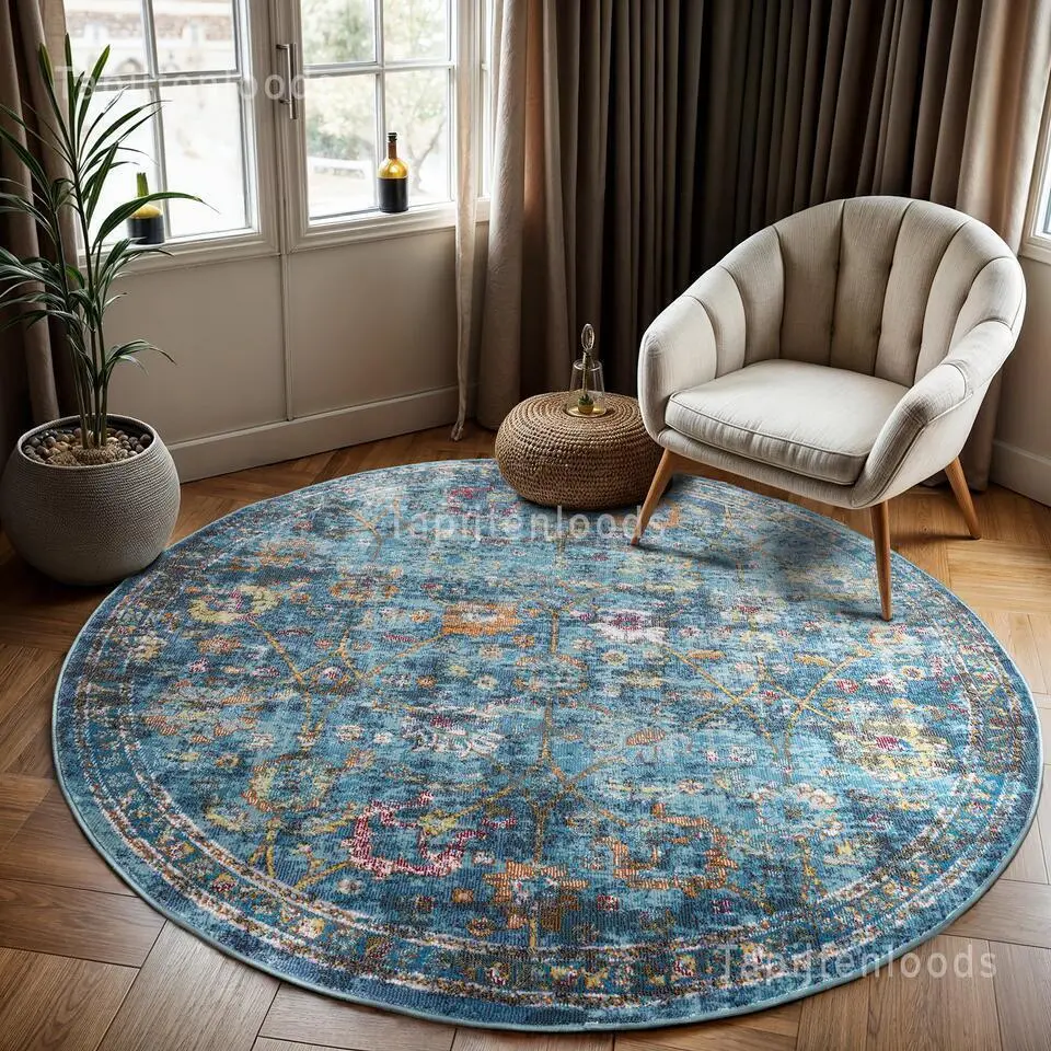 Picasso Sarough Vintage Rond Vloerkleed Blauw Laagpolig - 133 CM ROND