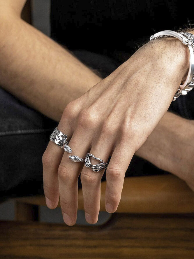 Nialaya Men's Stainless Steel Vintage Snake Ring Silver
