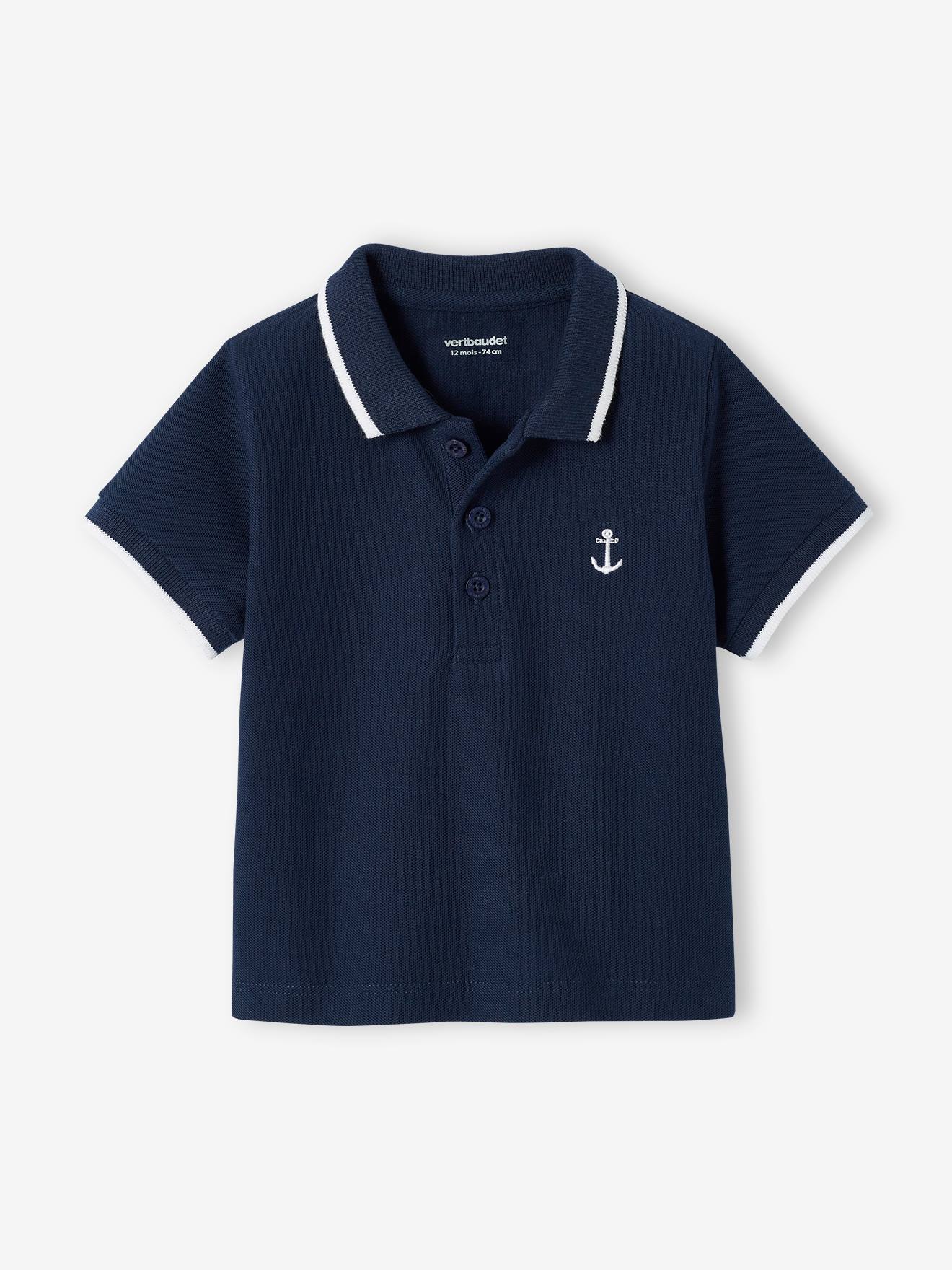Camisa polo personalizável para bebê menino com bordado branco no peito.