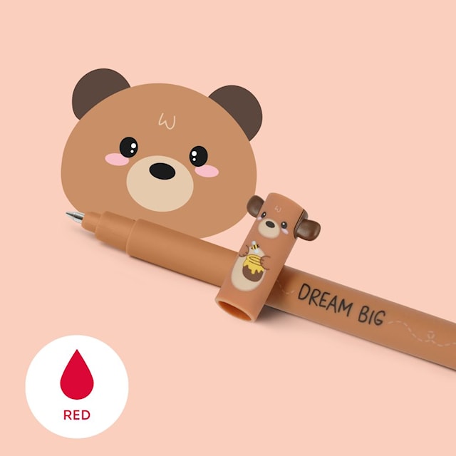 Erasable gel pen, Bear, rød, gelpenn med blekk som kan viskes ut
