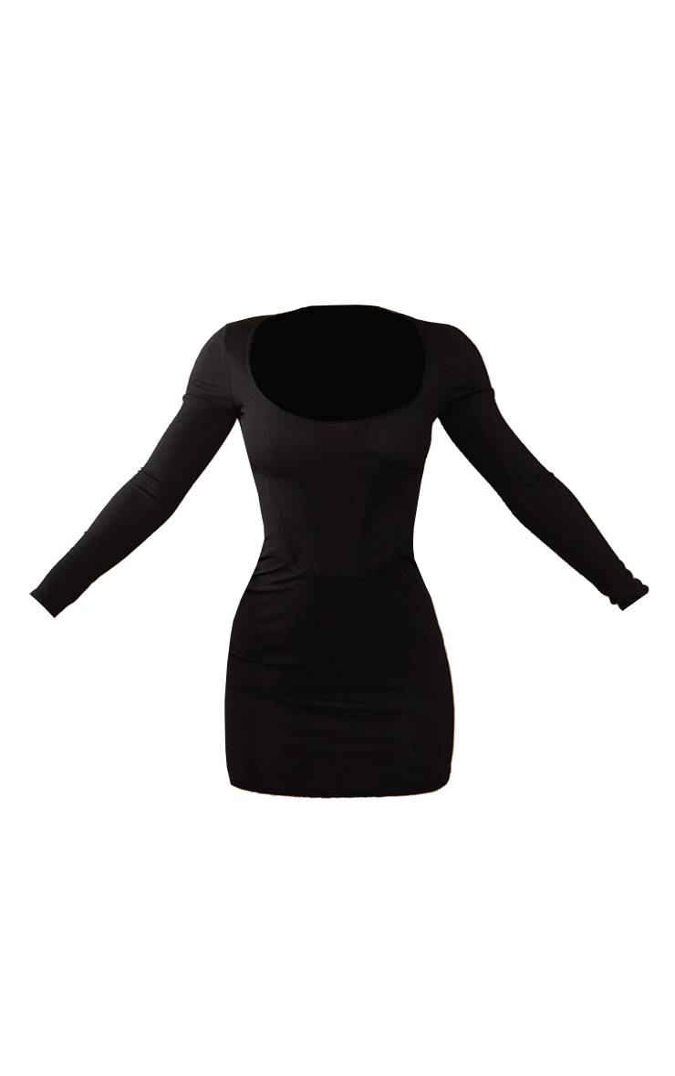 Noir Robe Moulante Mini À Col Carré Avec Coutures Corset Côtelée