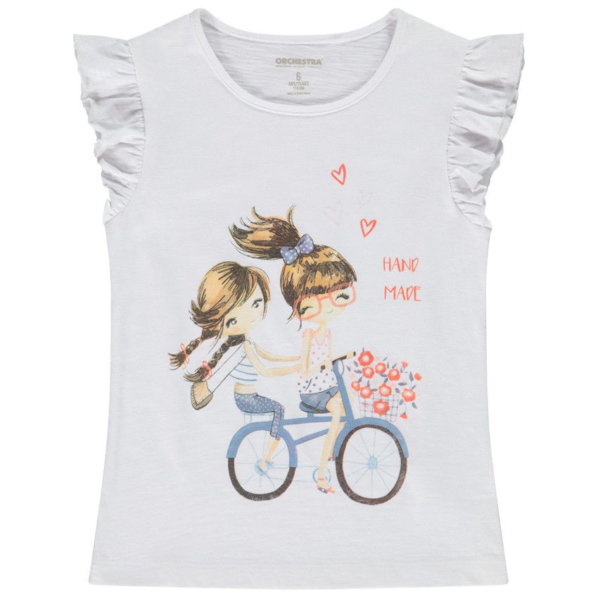T-shirt manches courtes volantées en jersey avec print fantaisie pour fille - Ecru